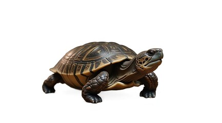 Obraz premium A tortoise, a reptile, isolated on a white background. Close-up of the shell and head. For topics related to nature, science, and animals.