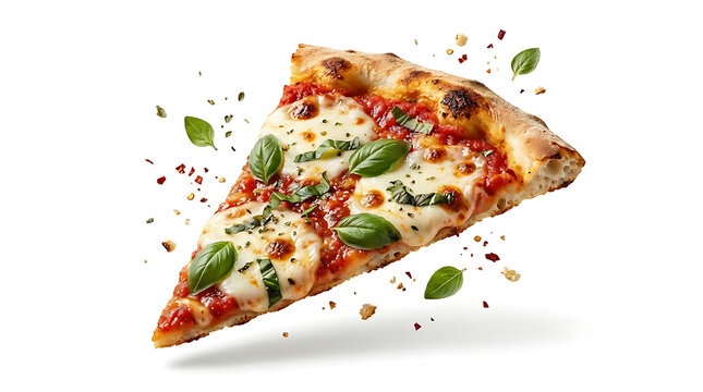 Isolated pizza slice on pure white background, gourmet style, hand-torn edges, oregano and chili flakes suspended around the slice