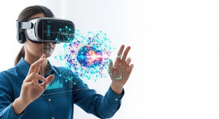 Woman in blue shirt wearing VR headset interacting with floating digital interface and holographic data, white background, concept of virtual reality and future technology