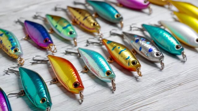 Colorful fishing lures arranged in a vibrant display, showcasing intricate designs and textures, with a smooth camera pan across the scene highlighting their details and craftsmanship