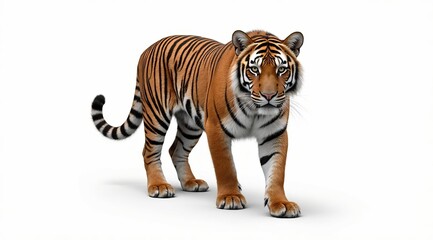 Naklejka premium photo of a tiger in motion on a white background, clear stripes and details of the coat. The concept of wildlife, predators and endangered species.