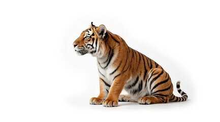 Fototapeta premium A close-up of a tiger on a white background. Suitable for wildlife, zoos, advertising, design, postcards, and children's illustrations.