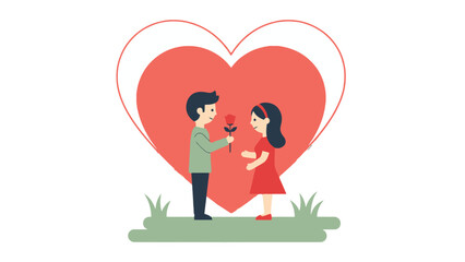 A young man presents a rose to a young woman in front of a large heart, symbolizing love and romance.