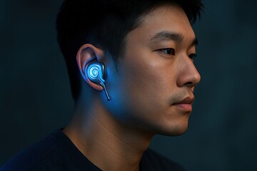 Young Asian man wearing glowing blue futuristic earpiece against dark background, close-up side profile, concept of advanced communication and wearable tech innovation