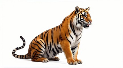 Fototapeta premium photo of a tiger in motion on a white background, clear stripes and details of the coat. The concept of wildlife, predators and endangered species.