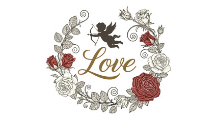 Vintage love wreath with Cupid, roses, and leaves on a white background, symbolizing romance and affection.