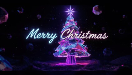 Futuristic Neon "Merry Christmas" greeting card featuring an abstract glowing geometric crystalline Christmas tree against a dark, cosmic purple sci-fi landscape.