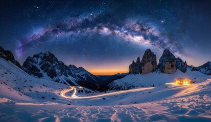 Winter Night Milky Way Over Tre Cime di Lavaredo with Light Trails