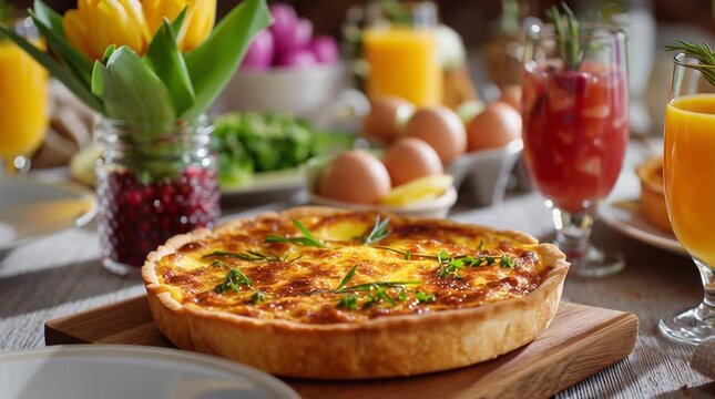 Delicious quiche lorraine with orange juice and cocktails on a wooden table for easter brunch