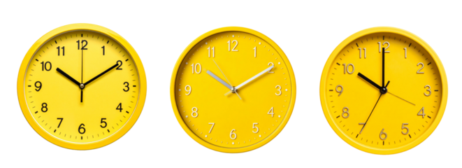 Three yellow wall clock isolated on transparent background. 
