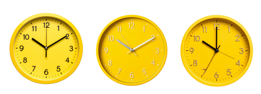 Three yellow wall clock isolated on transparent background. - Powered by Adobe