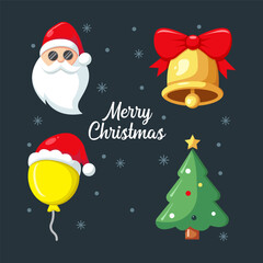 vector illustration of Santa, a golden bell with a red bow, a bright balloon, and a Christmas tree with star, perfect for festive greeting cards and social media.