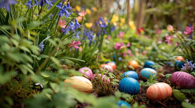 Colorful easter eggs hidden in spring garden flowers and greenery