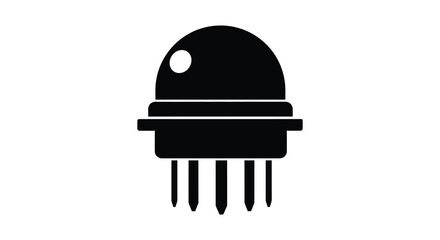A simple black depiction of a robotic device with a circular head and legs silhouette