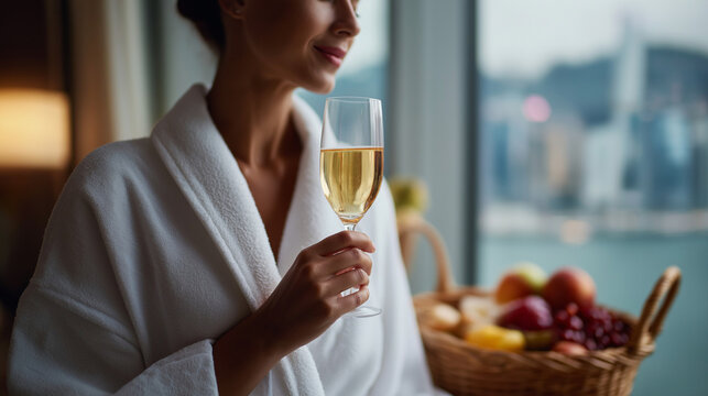 Faceless woman in luxury hotel room enjoying city view champagne fruit basket relaxation luxury lifestyle showcasing accommodation experience moment defocused urban background - Powered by Adobe