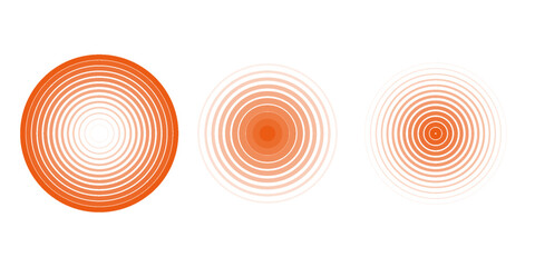 Red concentric ripple circles set. Sonar or sound wave rings collection. Epicentre, target, radar icon concept. Radial signal or vibration elements.