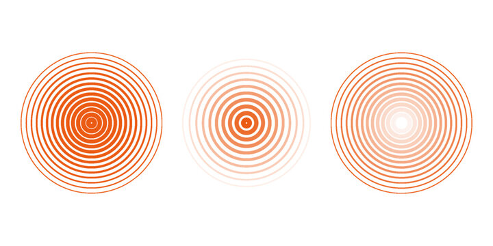 Red concentric ripple circles set. Sonar or sound wave rings collection. Epicentre, target, radar icon concept. Radial signal or vibration elements.