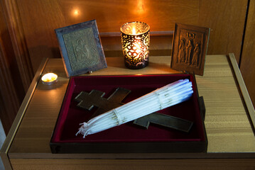 Church altar, Bible, cross, and candles. Holy time. Christmas, prayer, and Easter