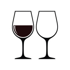 Two wine glasses one filled with red wine simple black and white illustration