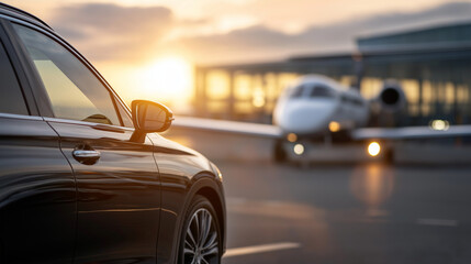 View of black luxury limousine car private white jet background airport exclusive escort sunset lighting atmosphere premium transportation service defocused aviation setting