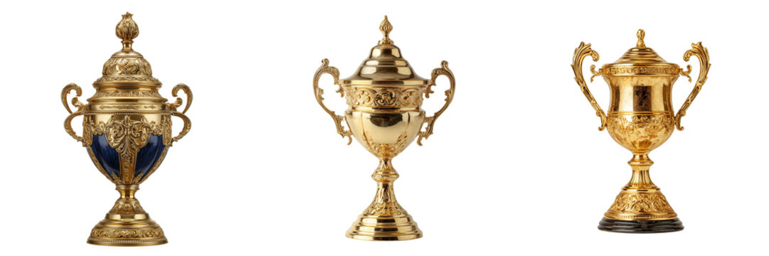 Set of Elegant golden award trophy with intricate craftsmanship and polished metallic finish on transparent png background. Ai generated