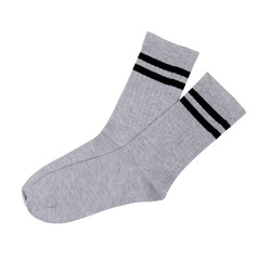 Gray socks with black stripes on black background