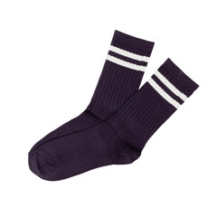 Cozy navy blue crew socks with white stripes on black background