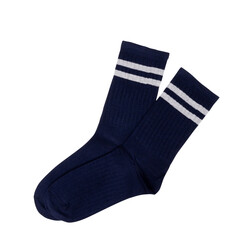 Navy blue socks with white stripes on black background
