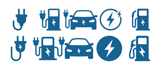 Blue set of electric car charging icons including fuel pump lightning bolt and power plug designs