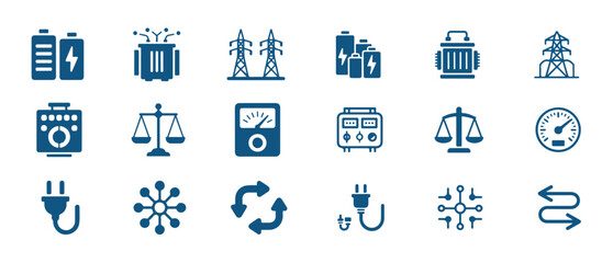 Blue set of electrical and energy icons including batteries motors power lines and measuring tools
