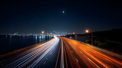 Night highway light trails with city skyline and moon