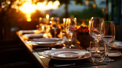 Sunset behind place settings display luxury patio dining table elegant outdoor entertainment premium lifestyle experience sophisticated al fresco setting defocused twilight