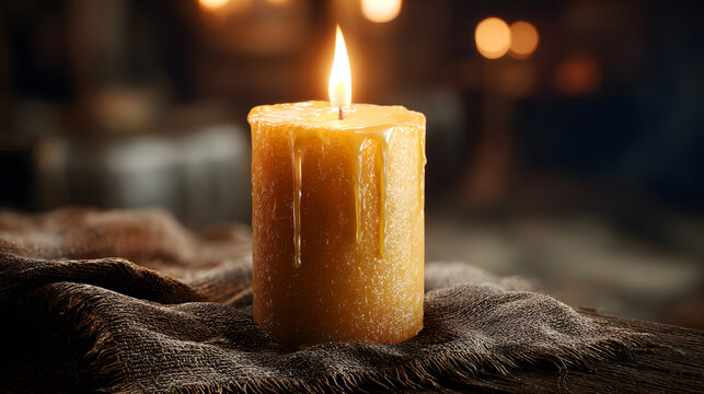 Dripping Yellow Candle Flame on Burlap dripping wax - Powered by Adobe