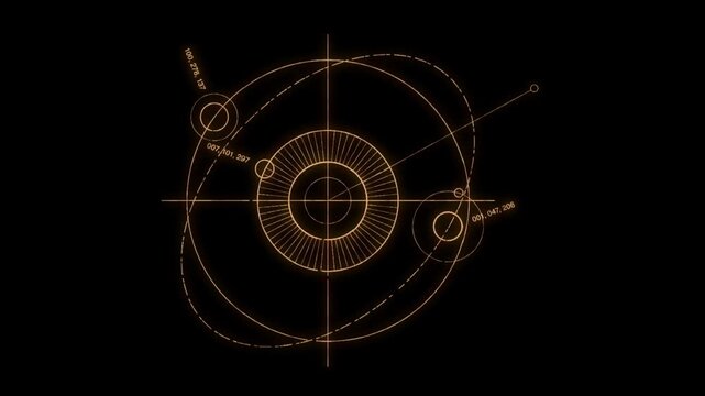 Orange geometric blueprint lines and circles animate on black. Technical, schematic, HUD motion graphic