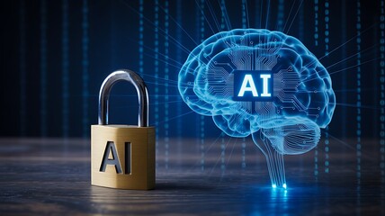 Artificial intelligence security concept with ai lock and digital brain
