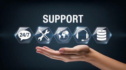 Digital customer support concept with hand and service icons on dark background