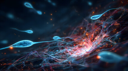 Blue sperm cells swim through glowing cosmic nebula