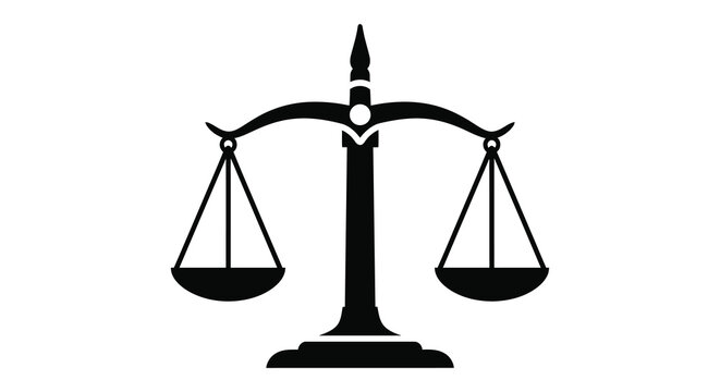 A black scale of justice illustration depicts balance and fairness presented as a silhouette