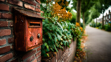 Rusted red mailbox on brick wall beside leafy plants