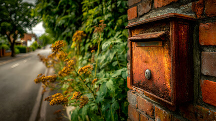 Rusted mailbox on brick wall with blurred street and foliage