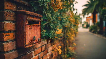 Rusty mailbox on brick wall with blurred street background