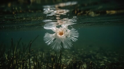 Moon jellyfish swimming in clear ocean water with seaweed