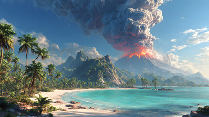 Tropical beach with erupting volcano and palm trees