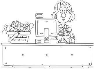 Girl cashier in uniform at her desk with a cash register and a basket of a buyer in a supermarket, black and white vector cartoon illustration for a coloring book