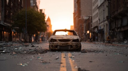 Burnt-Out Car On Deserted Urban Street At Sunset. Post-Apocalyptic Cityscape With Debris And Destruction