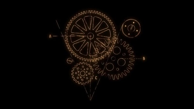 Golden gears and blueprint lines animate on black. Mechanical, intricate, steampunk motion graphic.