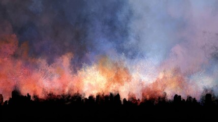 Silhouette Of City Skyline With Vibrant Fireworks Display. Celebratory Night Scene With Colorful Explosions