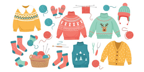winter knitting, cozy clothing, festive sweaters, yarn basket, socks and mittens, craft supplies, seasonal fashion, flat vector illustration
