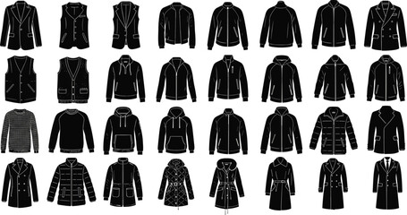 winter wear, stylish layers, black shapes, garment icons, clothing set, wardrobe reference, fashion catalog, coat styles, jacket designs, flat vector illustration © Creative _design