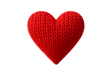Soft Red Knitted Heart Cushion with Chunky Yarn Texture Isolated on a Transparent Background